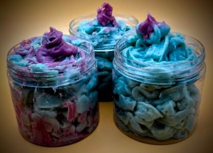 Whipped salty sugar scrubs. You will enjoy the smooth essential oils, the high quality butters, the Himilayan Salt, the Crystal Sugar, all whipped, smooth, relaxing, regenerating, and reward yourself with this simple addition to your bathing routine, or enjoy on a Home Spa Day.