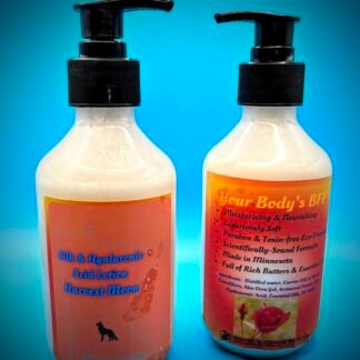 Harvest Moon Lotion, an all natural eco-friendly handcrafted, scientifically backed formulation. Made in Minnesota USA with only the finest oils and additives such as Hyalauronic Acid and Silk. So soft and smooth.