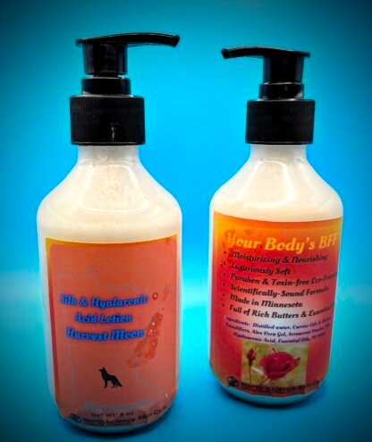 Harvest Moon Lotion, an all natural eco-friendly handcrafted, scientifically backed formulation. Made in Minnesota USA with only the finest oils and additives such as Hyalauronic Acid and Silk. So soft and smooth.