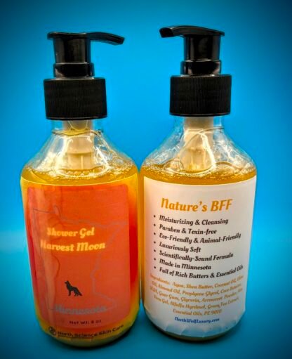 A gentle cleansing shower gel. Made with hot processing of KHh and NoH with additives that make your skin fresh, clean, smooth. Made in Minnesota, USA. All-Natural so no worries about toxins or harsh chemicals. Pair with Harvest Moon Lotion to keep your Late Summer Scented Signature.