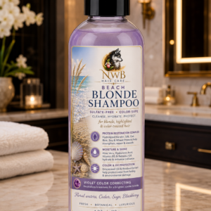 Beach Blonde Shampoo is a luxurious sulfate-free shampoo specially formulated for blonde, highlighted, bleached, and color-treated hair. Violet color-correcting pigments help reduce unwanted brassiness while a nourishing blend of hydrolyzed proteins, botanical extracts, Babassu oil, Hyaluronic Acid, and Vitamin B5 hydrates, strengthens, and restores softness and shine. Gentle enough for daily use, it leaves hair clean, vibrant, silky, and beautifully refreshed with an elegant Floral Waters, Cedar, Sage & Blackberry fragrance.