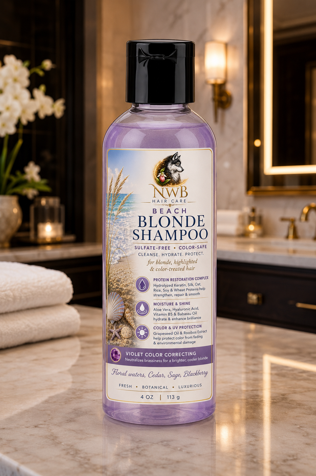 Beach Blonde Shampoo is a luxurious sulfate-free shampoo specially formulated for blonde, highlighted, bleached, and color-treated hair. Violet color-correcting pigments help reduce unwanted brassiness while a nourishing blend of hydrolyzed proteins, botanical extracts, Babassu oil, Hyaluronic Acid, and Vitamin B5 hydrates, strengthens, and restores softness and shine. Gentle enough for daily use, it leaves hair clean, vibrant, silky, and beautifully refreshed with an elegant Floral Waters, Cedar, Sage & Blackberry fragrance.