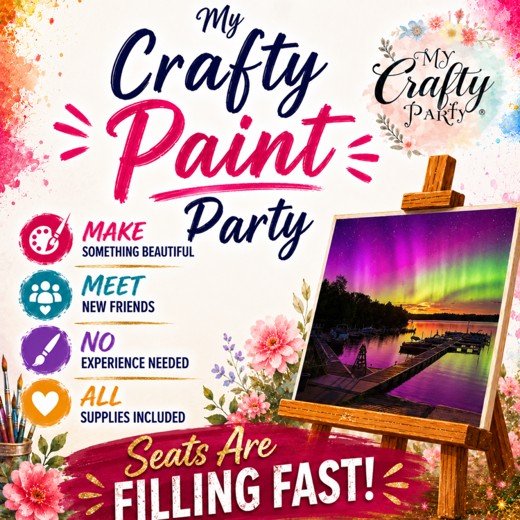 My Crafty Paint Party where anyone ages 8+ can learn to paint the northern lights on a Minnesota lake.