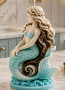 Handcrafted mermaid candle made with a soy and beeswax blend and scented with fresh Salty Sea Air. Measures approximately 4½ inches high by 2½ inches wide.