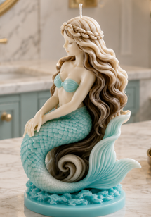 1mermaidcandlesmall Handcrafted mermaid candle made with a soy and beeswax blend and scented with fresh Salty Sea Air. Measures approximately 4½ inches high by 2½ inches wide.