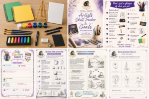 25 Pages of Creative Challenges, Art Instruction, Skill Building & Inspiration
Ages 7+ | Draw • Paint • Explore • Sculpt • Practice • Grow
What if an art kit didn't just give you art supplies—but actually helped you become a better artist?
The 2026–2027 Artist’s Skill Tracker & Goals Workbook Travel Art Kit is a portable creative studio designed to help beginning and developing artists discover what they enjoy creating, learn fundamental art skills, build confidence through practice, and develop creative habits that can last a lifetime.
And there's one simple idea behind the entire kit:
You don't have to be “born talented” to be an artist. Art is a skill—and skills get better with practice.
Even 10 minutes a day spent drawing, painting, observing, experimenting, or working in your sketchbooks can add up to meaningful improvement.
